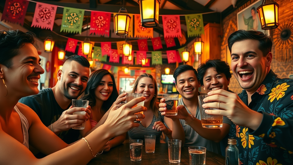 Lively Mexican style cantina in Cabo, filled with locals enjoying tequila shots and traditional music, a highlight of cabo nightlife trends