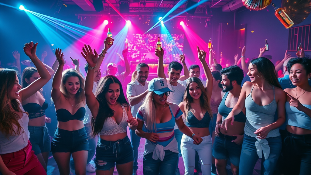 Energetic nightclub dance floor in Los Cabos with diverse partygoers dancing under colorful lights, showcasing vibrant cabo nightlife trends