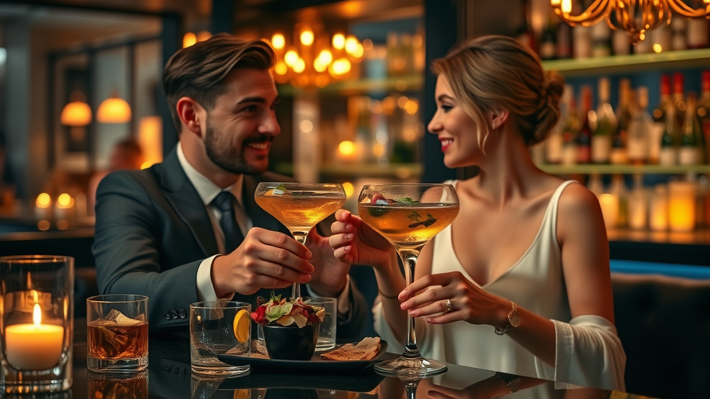 Elegant cocktail lounge in Cabo with sophisticated couple enjoying craft cocktails and tapas, a representation of upscale cabo nightlife trends