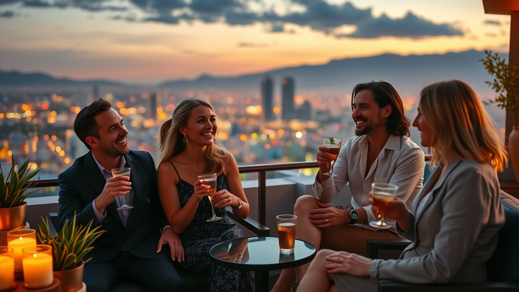 Stylish group enjoying cocktails at rooftop lounge with sunset cityscape, representing best practices in cabo nightlife trends