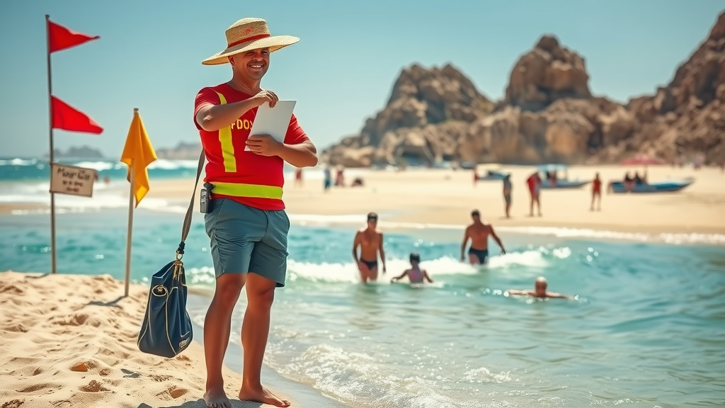 cabo san lucas safe - guarded beach entrance with lifeguard overseeing swimmers on Medano Beach