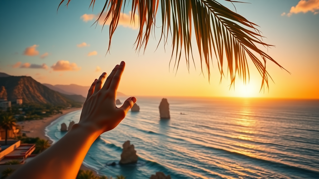 cabo travel faqs 2025 - golden hour along Cabo coastline with palm trees and ocean under sunset
