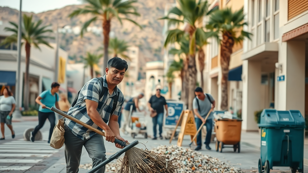Cabo post-hurricane safety: locals cleaning streets near resort areas in Cabo San Lucas tourist zone