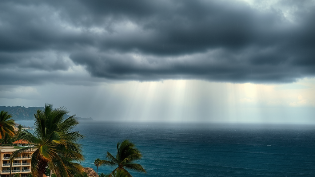 Hurricane season in Cabo with stormy sky and rain over ocean near palm trees