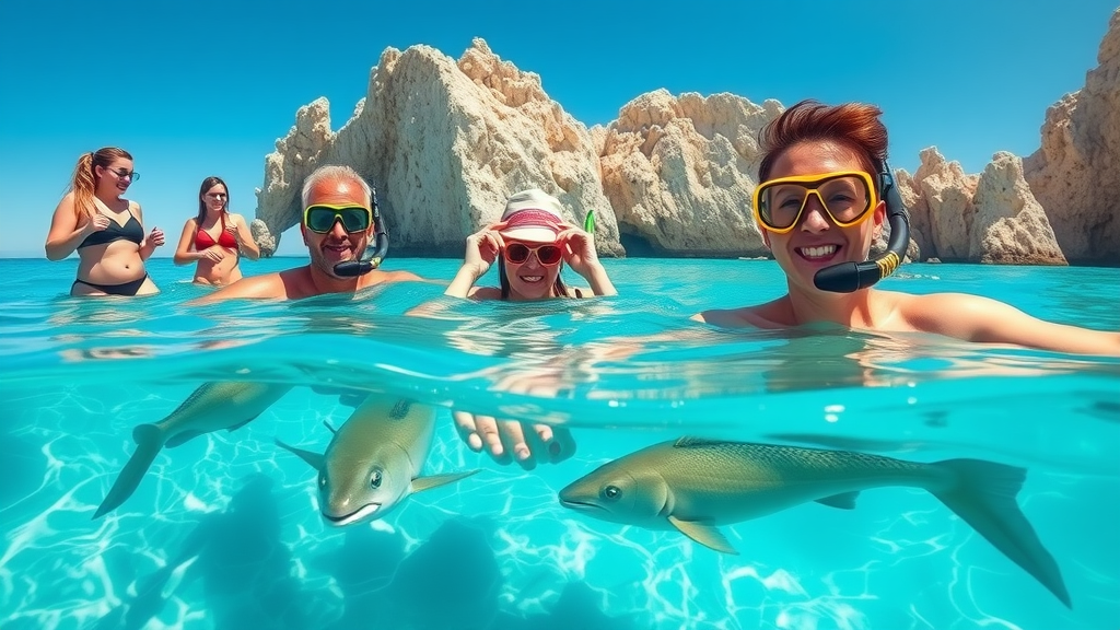 Tourists snorkeling in clear turquoise waters near Cabo San Lucas during hurricane season