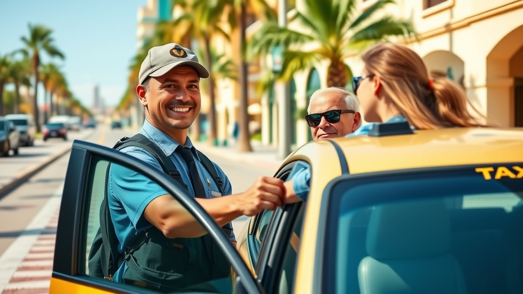 Friendly taxi driver in Cabo San Lucas helping tourists in a well-maintained taxi