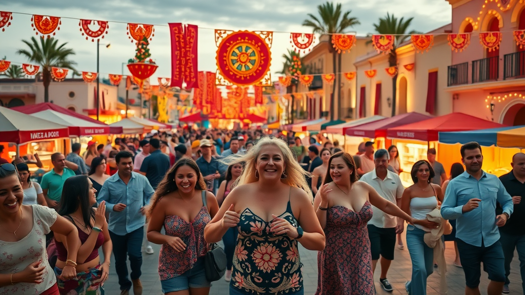 Colorful cultural festival in Los Cabos with locals and tourists dancing in historic downtown