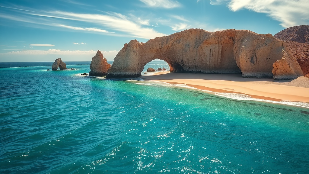 Inviting aerial view of Cabo San Lucas coastline after hurricane season with calm turquoise waves and iconic rocky arch