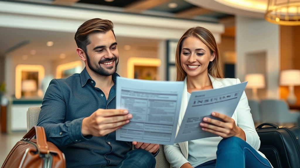Professional travel couple reviewing insurance documents at hotel lobby with Cabo decor