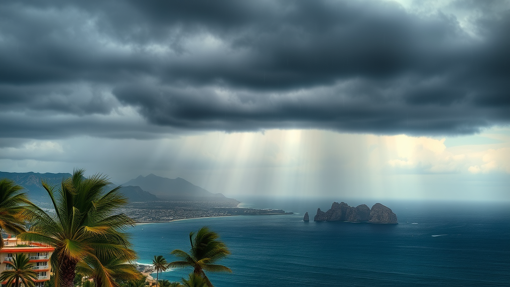 Stormy sky over Cabo San Lucas with dark clouds and rain over ocean during hurricane season