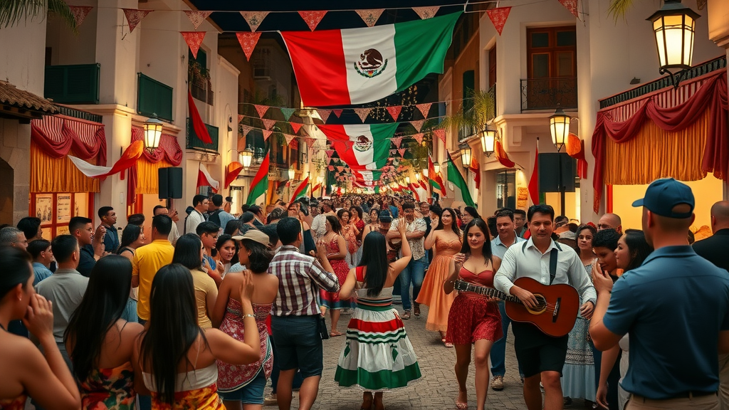 Festive street celebration for Mexican Independence Day in Cabo with dancers and musicians