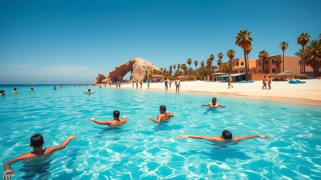 Sunny beach in Cabo San Lucas with calm turquoise waters and people swimming and sunbathing