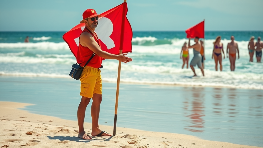 Lifeguard standing by red flag warning tourists about swimming conditions at Cabo beach