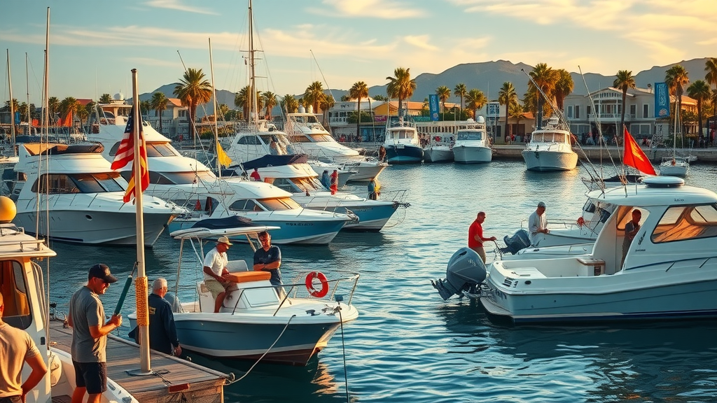 Vibrant Cabo San Lucas marina at dawn with anglers, boats, and tournament banners for Bisbee’s Black &amp; Blue Tournament