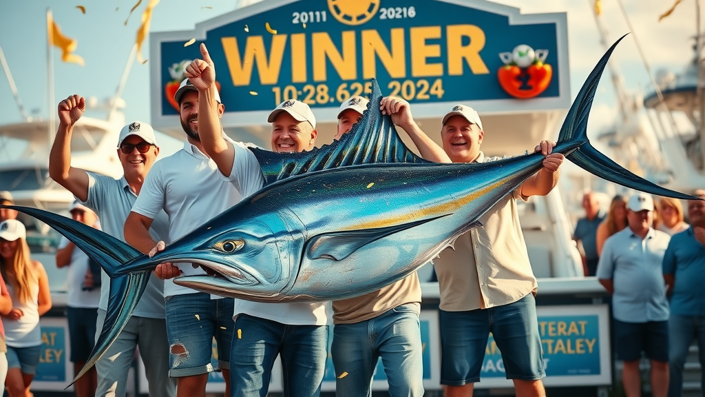Team celebrating trophy win at Bisbee’s Black &amp; Blue Tournament on winner’s stage in Cabo San Lucas