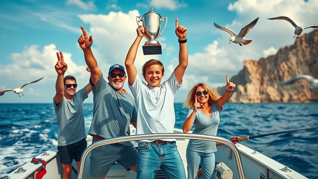 Triumphant youth anglers with trophy on boat after Bisbee’s Black &amp; Blue win, Cabo cliffs and dramatic sky in background