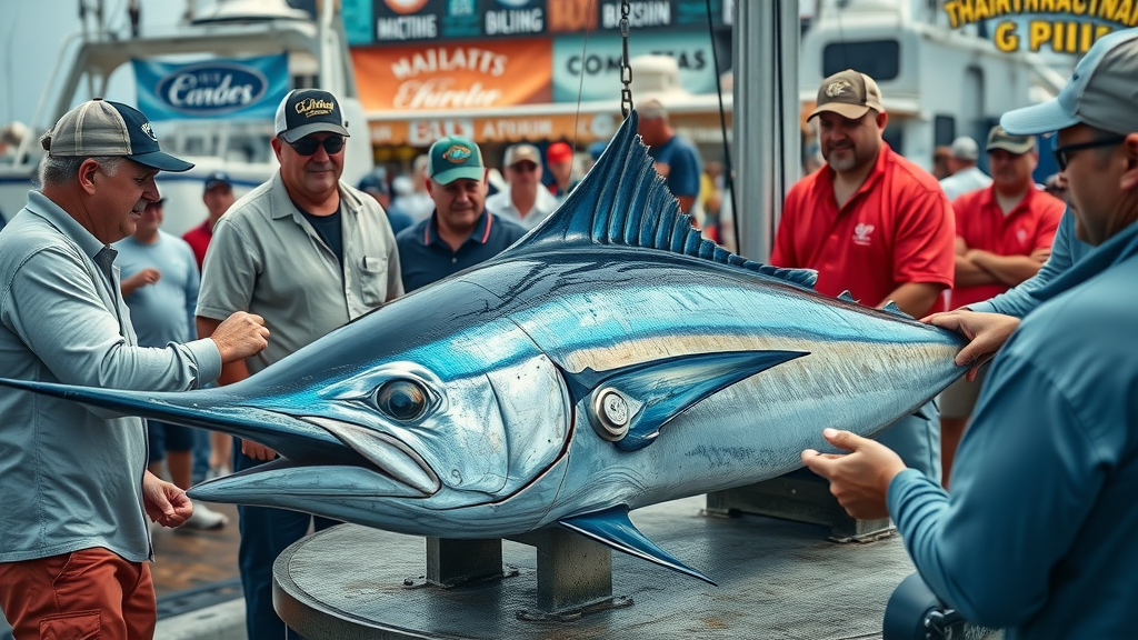 Marlin being weighed by judges and anglers at Bisbee’s Black &amp; Blue Tournament in Cabo San Lucas, crowd watching