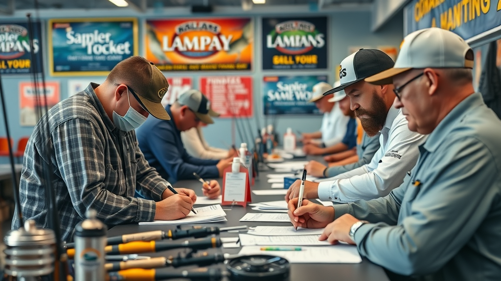 Anglers registering at Bisbee’s Black &amp; Blue Tournament in Cabo San Lucas, registration tables and gear visible
