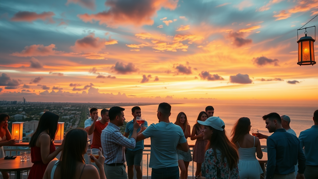 Lively rooftop bars Cabo with vibrant crowd enjoying sunset drinks and ocean views