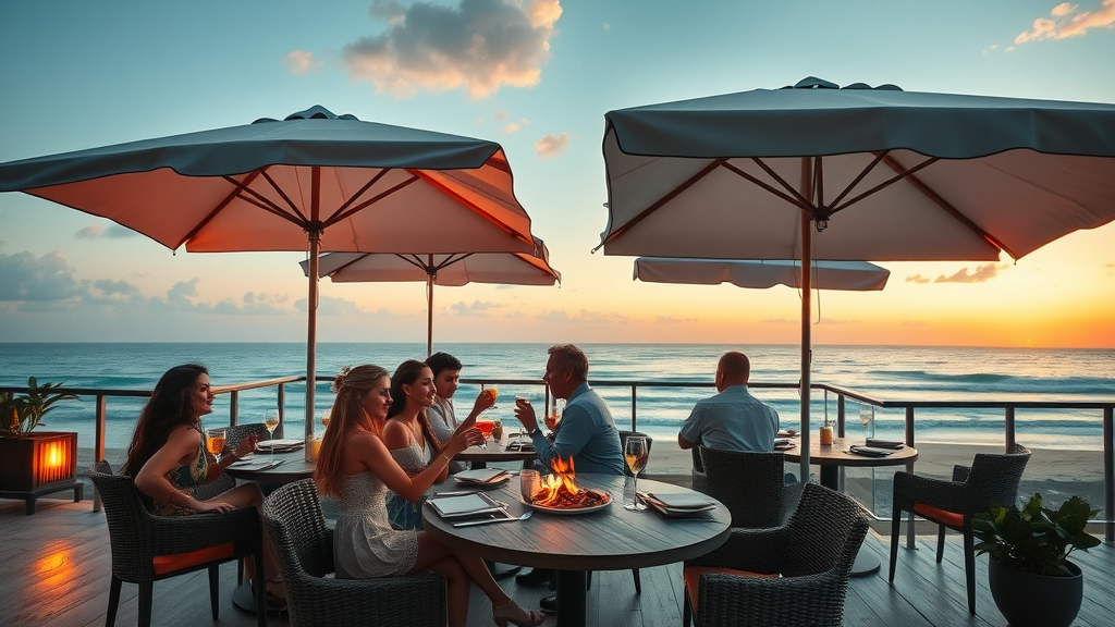 Rooftop bars Cabo and beachfront dining comparison showing cocktails and seafood under sunset sky
