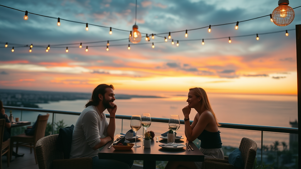 Elegant rooftop bars Cabo with panoramic ocean sunset views and couples dining