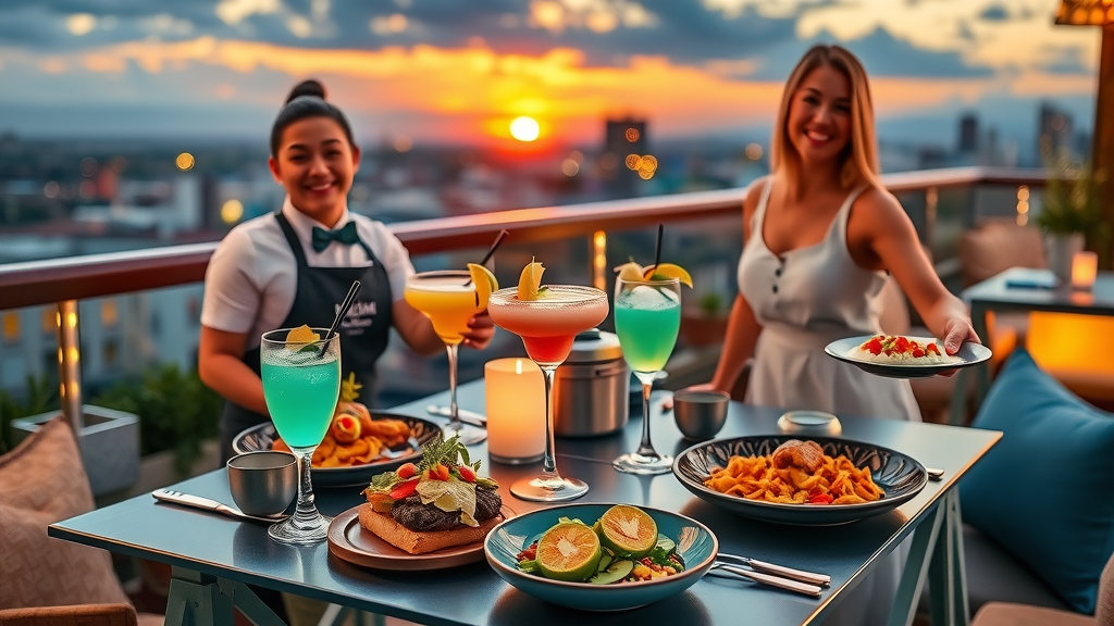 Gourmet rooftop bars Cabo featuring signature cocktails and fusion dishes at sunset
