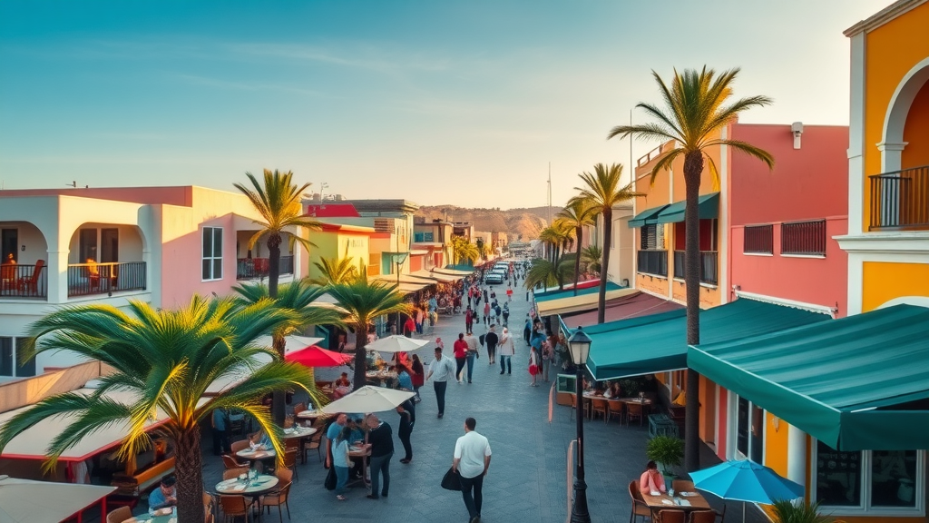 Lively street scene with local restaurants and people dining outdoors in downtown Cabo San Lucas