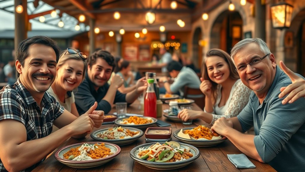 Cheerful family enjoying authentic Mexican cuisine at a lively outdoor taqueria in Cabo