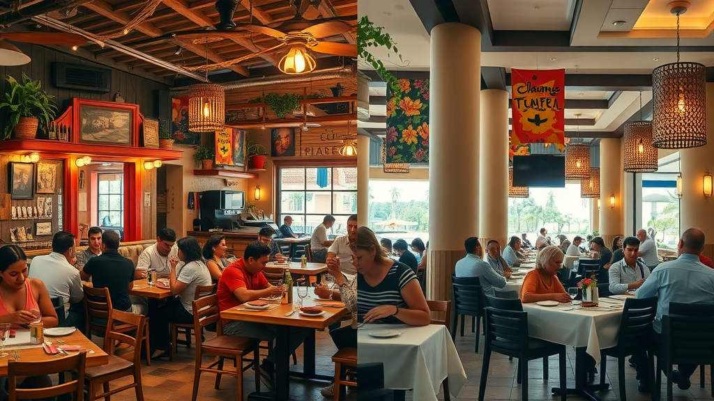 Side-by-side comparison of a cozy local eatery and a touristy restaurant in Cabo with contrasting atmospheres