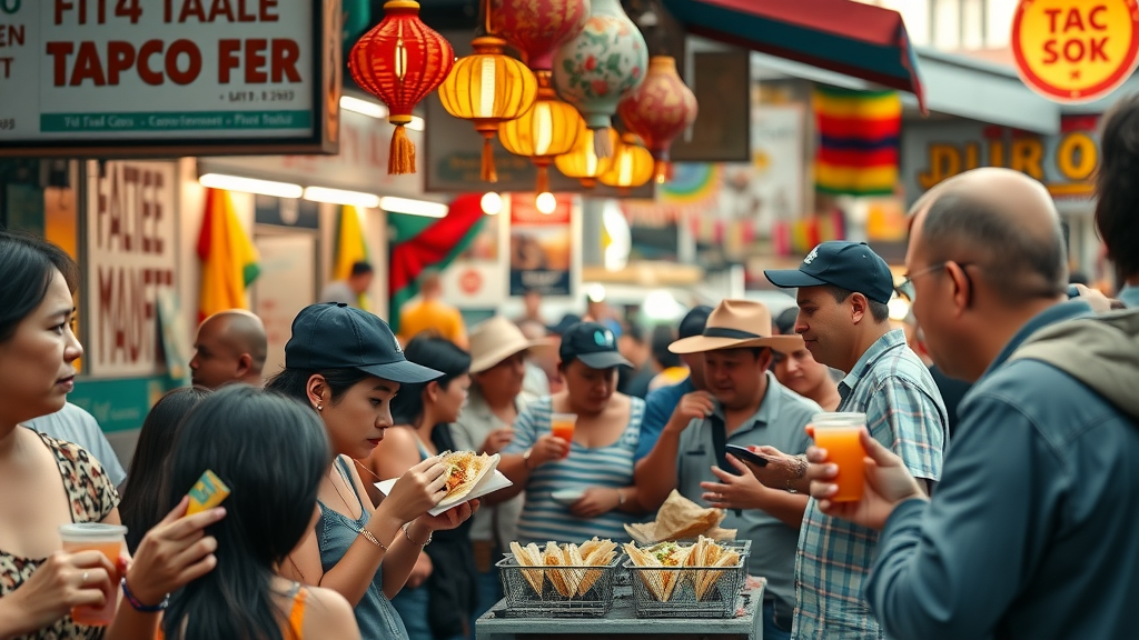 Vibrant street taco stand bustling with locals enjoying tacos in Cabo San Lucas