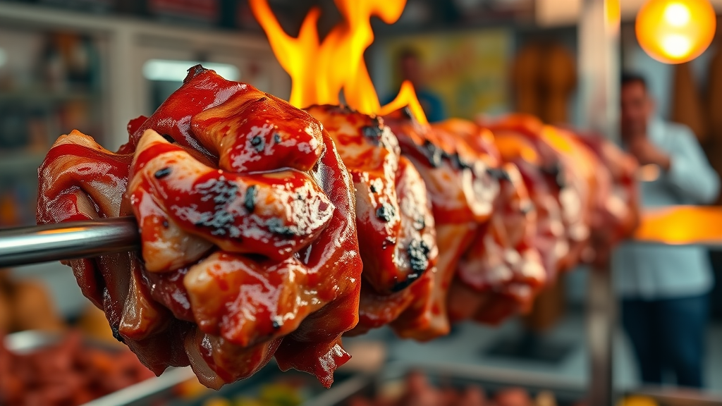 Close-up of al pastor pork meat on a spit with flames at a street food vendor in Cabo San Lucas