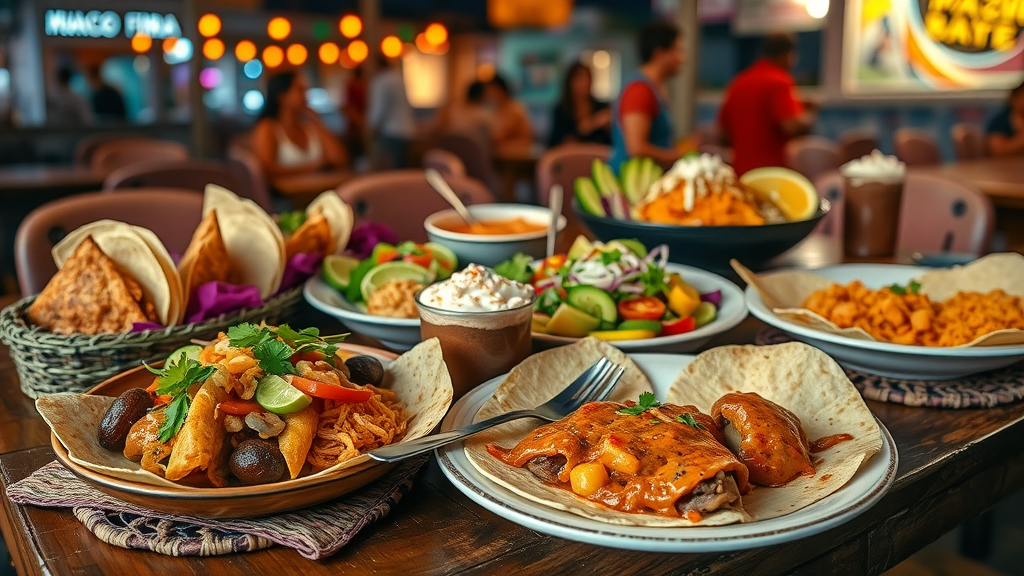 Colorful plates of Mexican street food such as tacos, birria, ceviche, and sopes set on a rustic wooden table in Cabo