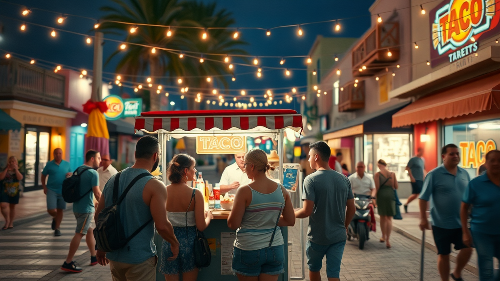 Evening street scene in downtown Cabo with friends gathered around a taco cart under string lights