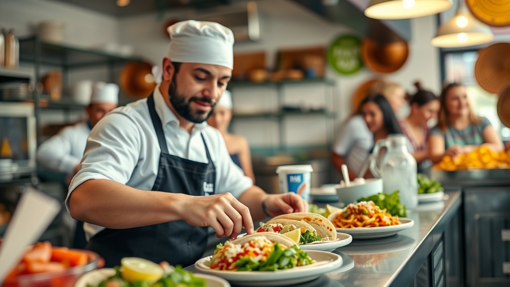 Friendly local chef preparing fresh tacos in a clean and inviting taqueria environment in Cabo