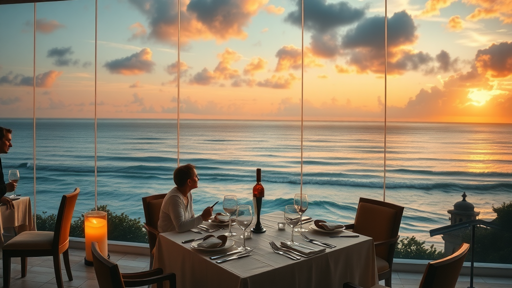 Oceanview dining Cabo restaurant at sunset with crashing waves and warm golden lighting