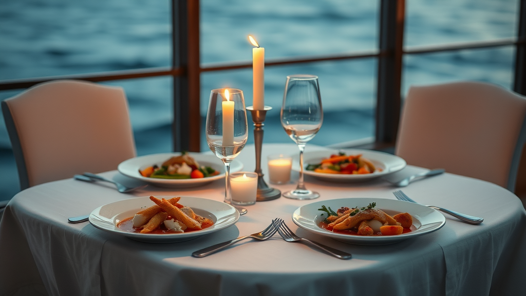 Fine dining oceanview dining Cabo candlelit table with gourmet seafood and ocean background