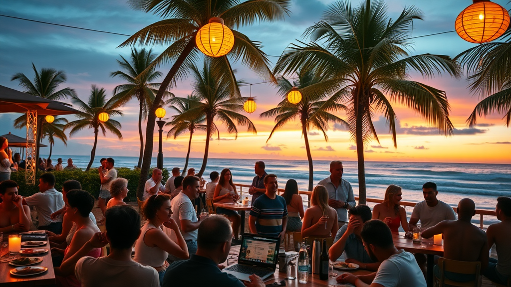 Casual oceanview dining Cabo beach club with live music and sunset crowd enjoying food and drinks