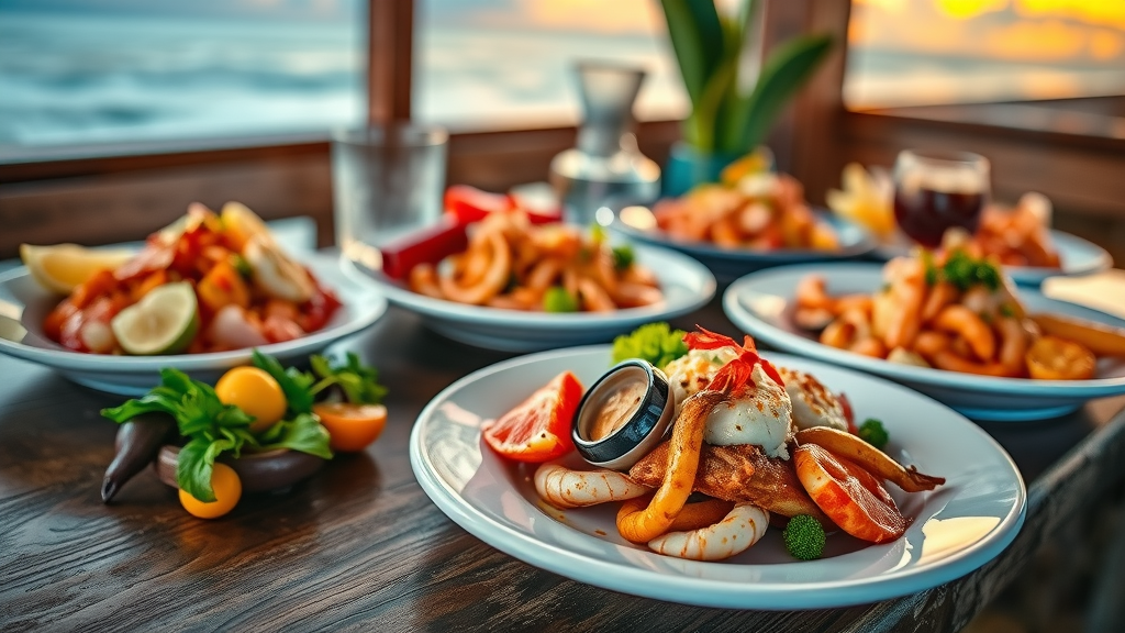 Fresh Baja seafood plated elegantly at oceanview dining Cabo restaurant with ocean backdrop