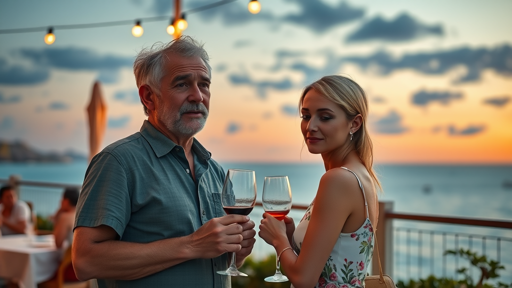 Disappointed couple waiting outside fully booked oceanview dining Cabo restaurant at sunset