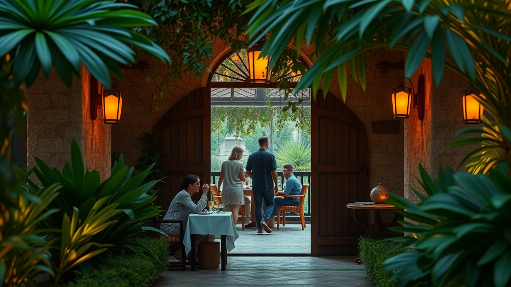 Enchanting hidden garden restaurant entrance, secret cabo restaurants