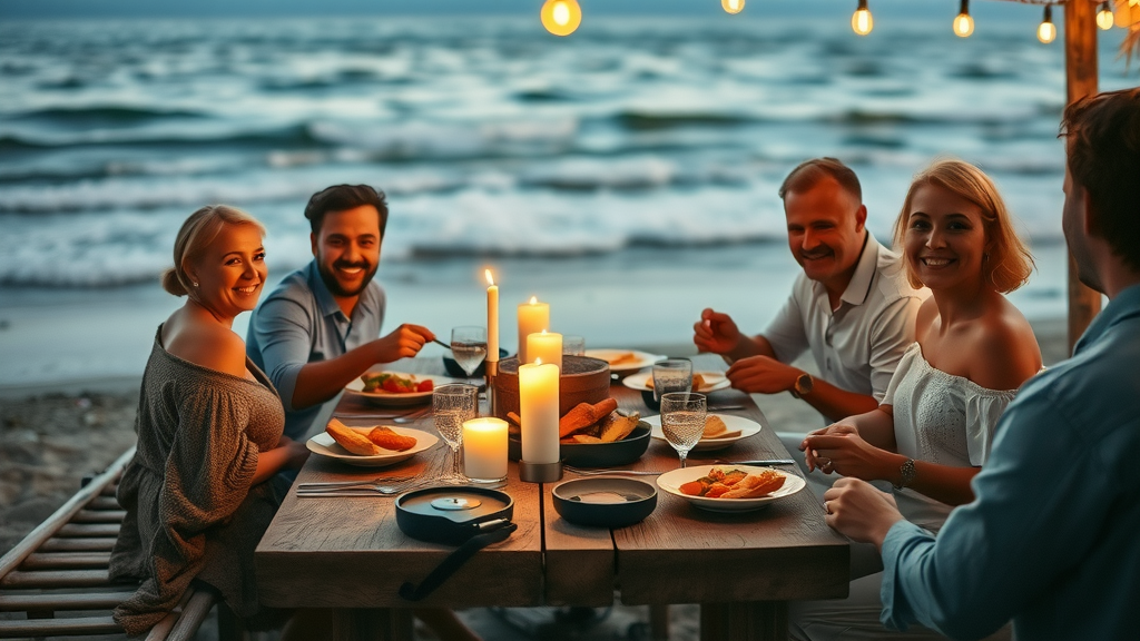 Cozy beachside grill at twilight, photorealistic, secret cabo restaurants
