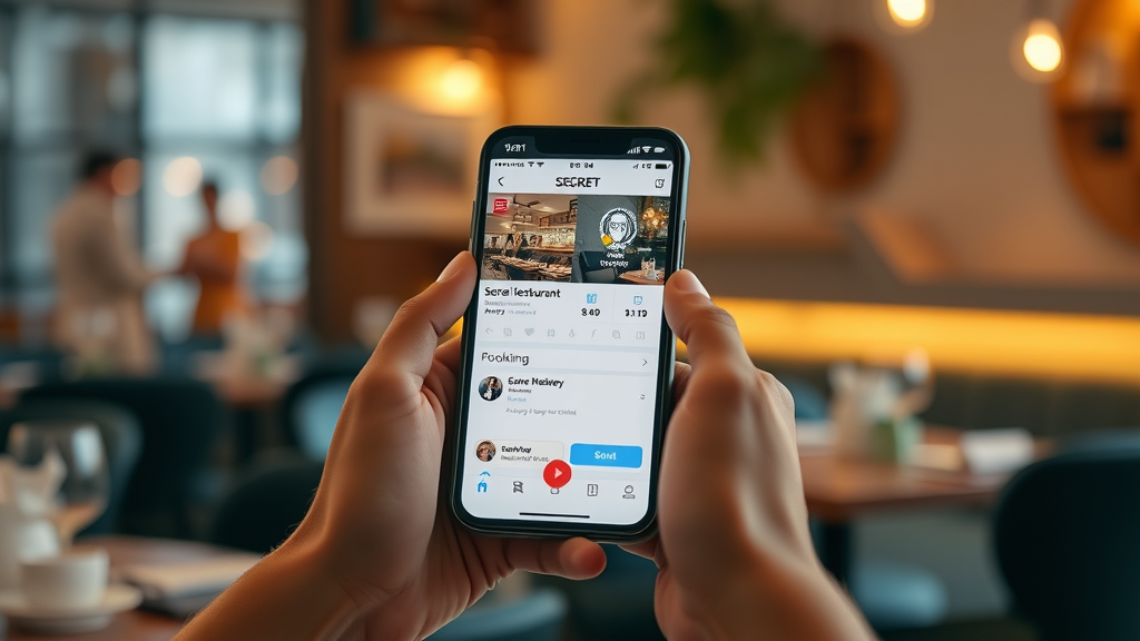 Modern smartphone screen showing secret restaurant social media booking, secret cabo restaurants