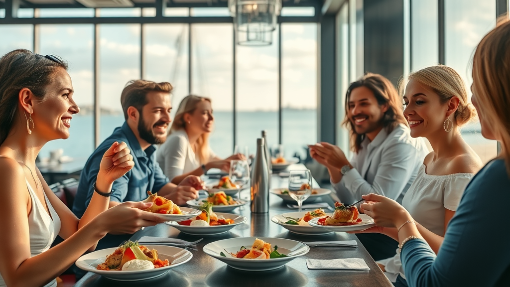 Upscale Cabo dining experience with vibrant restaurant, happy diners, and panoramic ocean views