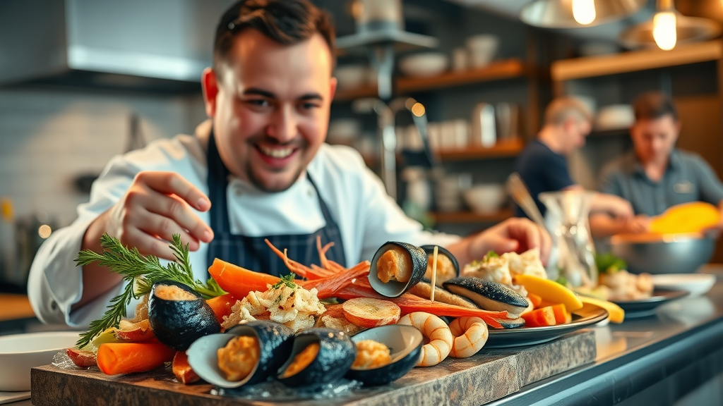 Gourmet seafood platter being plated by an executive chef in Cabo San Lucas open kitchen