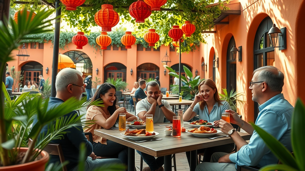 Outdoor Mexican courtyard restaurant in Cabo San Lucas with festive decor and guests enjoying local dishes
