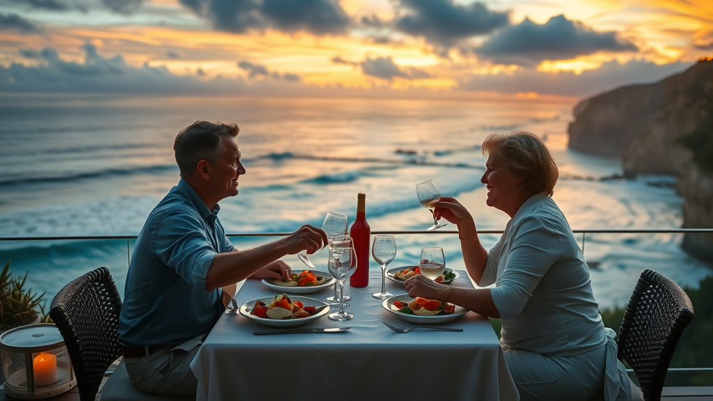 Clifftop restaurant terrace with sunset ocean views and guests enjoying Cabo San Lucas seafood specialties