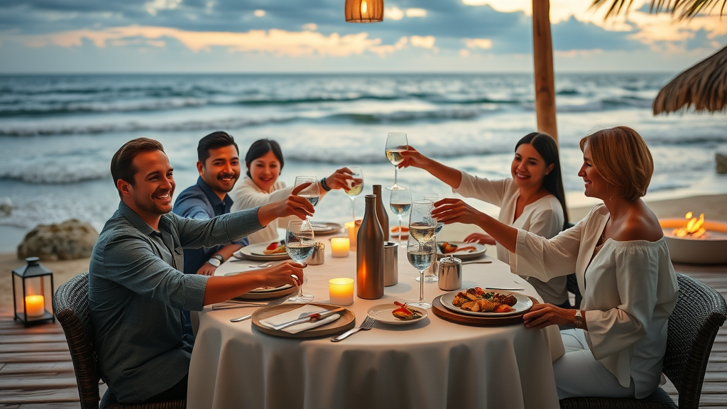 Luxury beachfront restaurant table in Cabo San Lucas with elegant group dining, fire pits, and ocean reflections