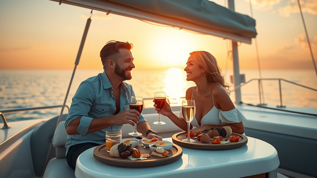 Sunset cruise itinerary Cabo luxury catamaran with elegant couple enjoying gourmet food and open bar