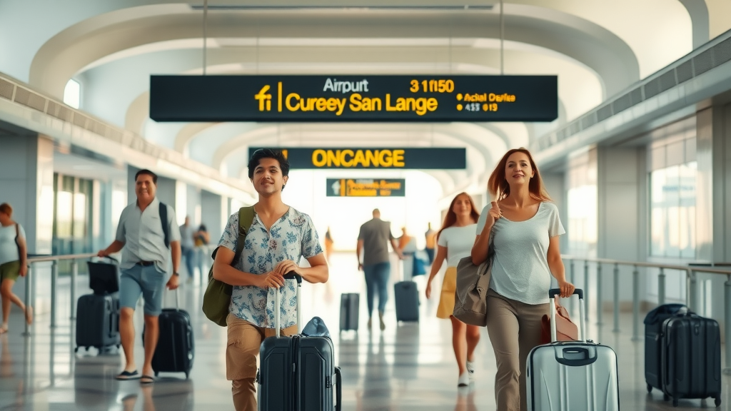 Cabo currency exchange 2025 at modern clean Los Cabos airport arrival area with travelers