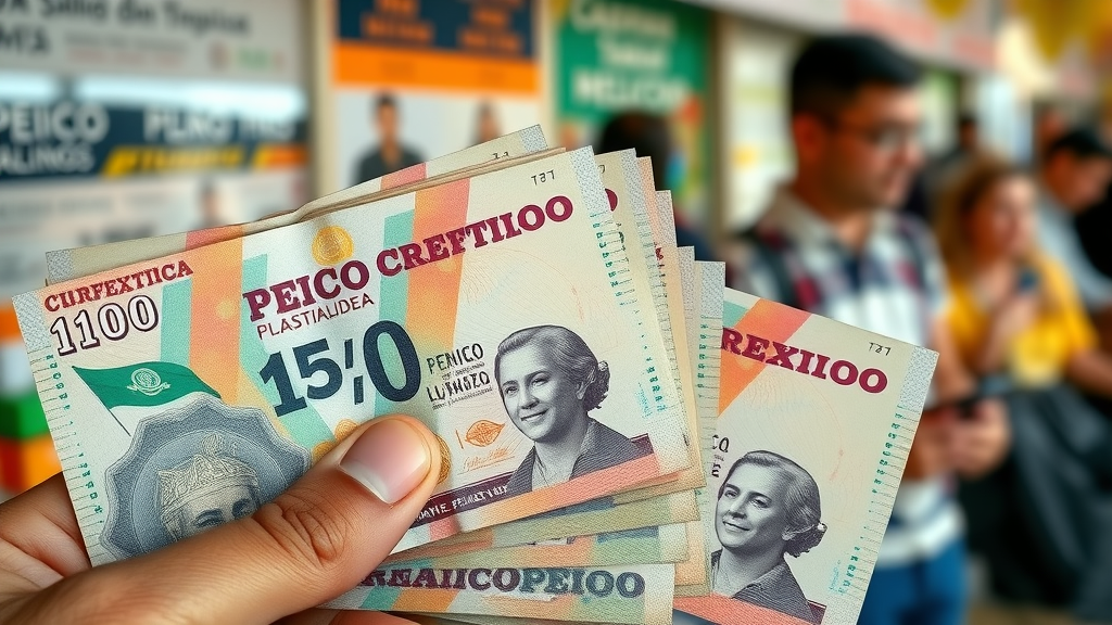 Closeup of Mexican peso banknotes at currency exchange booth in Cabo San Lucas with travelers